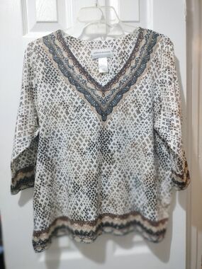 Alfred Dunner Cream V-Neck Tunic with Brown and Gray Accents